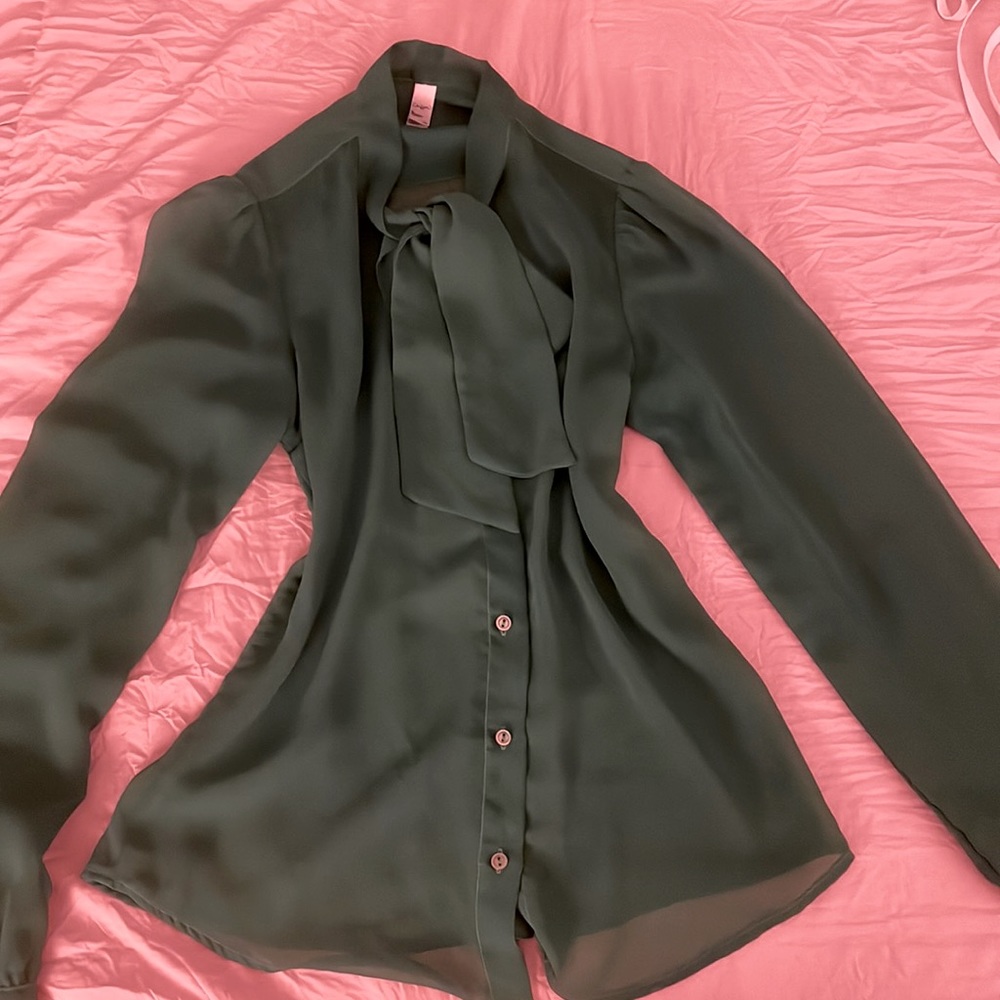 American Apparel Jersey Green Long Sleeve Chiffon Secretary Shirt